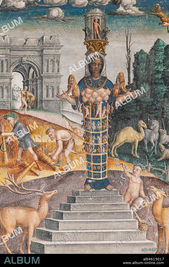 Mantua, Palazzo D'Arco, Sala dello Zodiaco (Chamber of the Zodiac): the astrological sign of Leo, with Diana standing on seven steps, two deers and a satyr as on a sarcophagus in Bleinhaim Palace. In the background, the Arco degli Argentari in Rome and Hercules struggling against the Nemean lion. Fresco by Giovan Maria Falconetto, about 1515.
