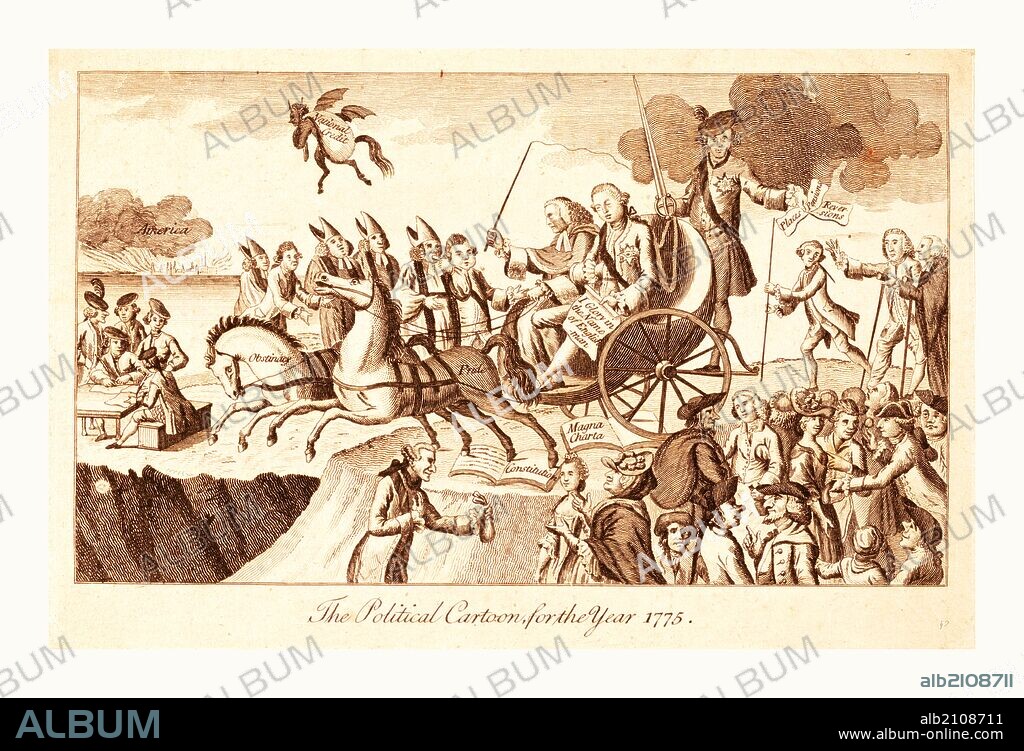 The political cartoon for the year 1775, en sanguine engraving shows George III and Lord Mansfield, seated on an open chaise drawn by two horses labeled Obstinacy and Pride, about to lead Britain into an abyss represented by the war with the American colonies.
