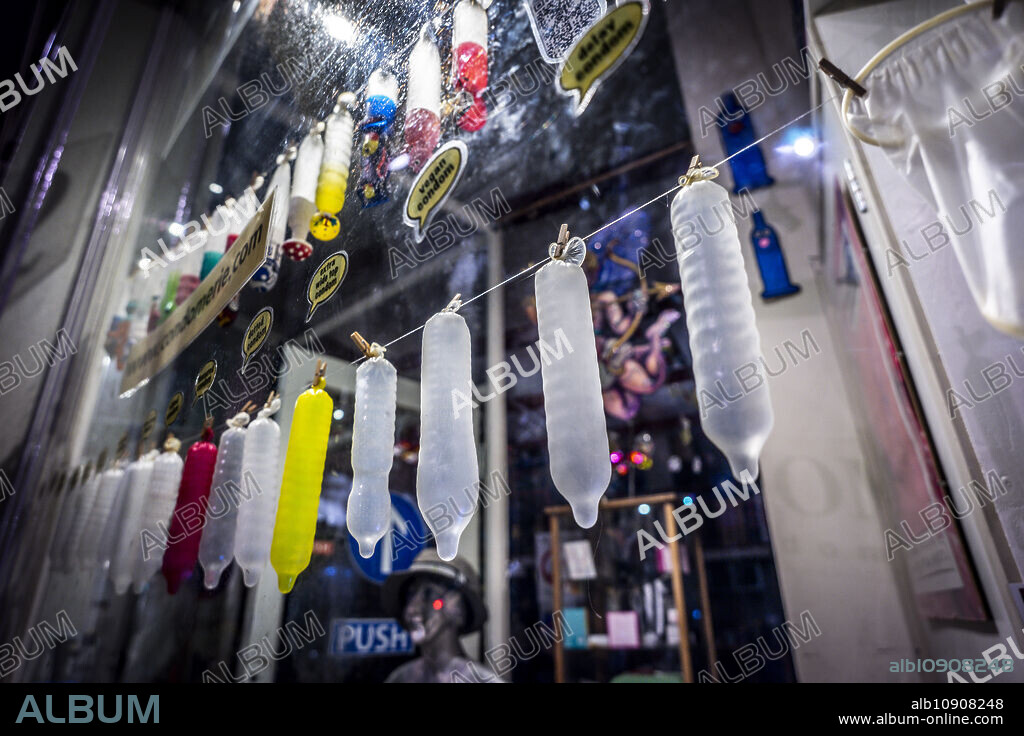 exposed condoms at condom store, Amsterdam, Netherlands.