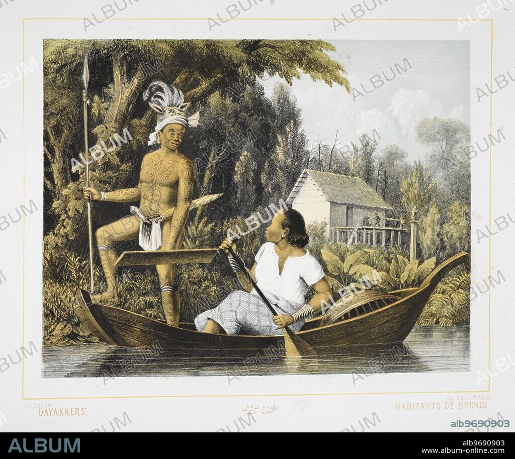 Dayaks. Indigenous people of Borneo. A tatooed native standing on the riverbank, holding a spear. A woman in a boat.