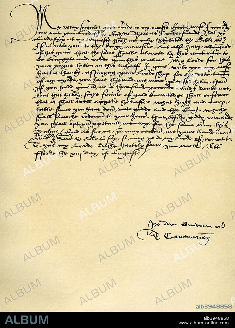 Letter from Thomas Cranmer to Thomas Cromwell, Ford, 13th August 1537. Letter from Thomas Cranmer, Archbishop of Canterbury, to Thomas Cromwell, Lord Cromwell, Vicar-General, thanking him for obtaining King's Henry VIII's authority for Matthew's English Bible, a copy of which he had submitted for approval, to be bought and read. Signed. From the first series of Facsimiles of royal, historical, literary and other autographs in the Department of Manuscripts, British Museum: Series I - V, (London, 1899).
