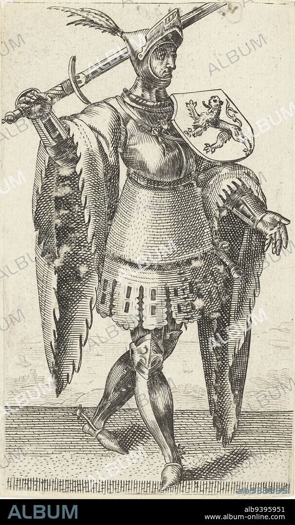 Portrait of Floris I, Count of Holland, standing to the right in armour with the coat of arms of Holland on his shoulder and holding a sword. Print from a series of 36 prints with full-length portraits of counts and countesses of Holland, Portrait of Floris I, Count of Holland Counts and Countesses of Holland , print maker: Adriaen Matham, Haarlem, 1620, paper, engraving, h 130 mm × w 80 mm.