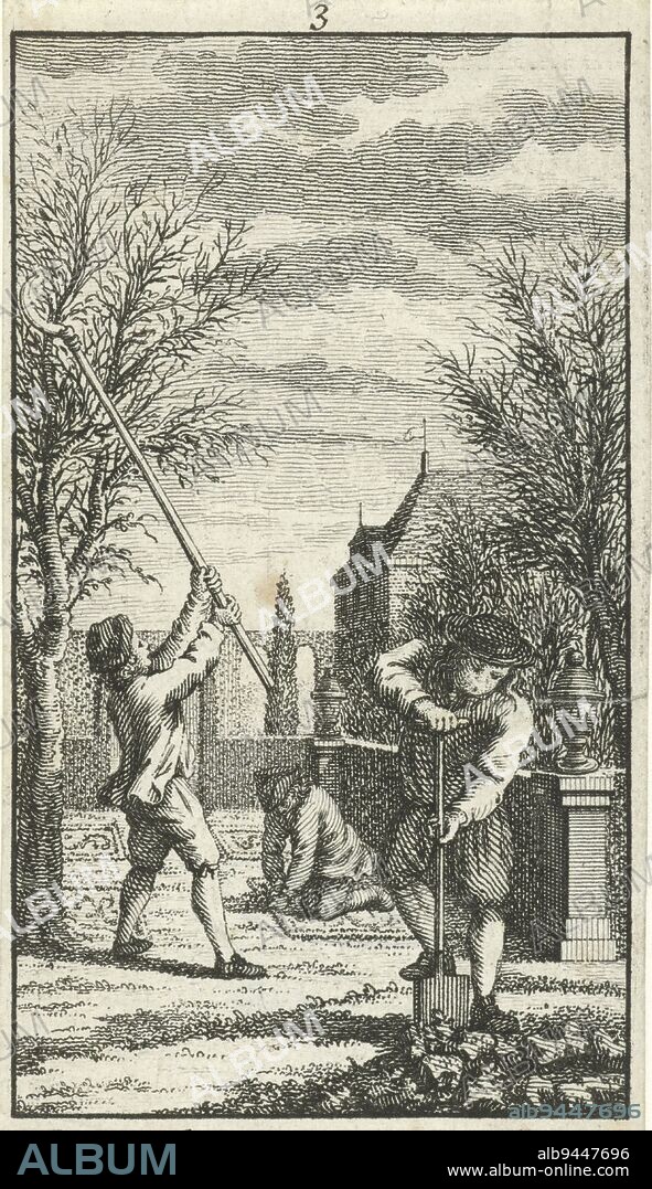 March: working in the garden, Jan Caspar Philips, 1736 - 1775, The month of March: three men digging, pruning and planting in the garden. In the margin a two-line poem in Dutch and in French., print maker: Jan Caspar Philips, Amsterdam, 1736 - 1775, paper, etching, engraving, h 100 mm × w 51 mm.