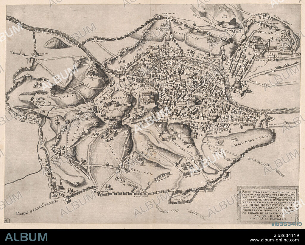 NICOLAS BéATRIZET. Speculum Romanae Magnificentiae: View of Rome from the East. Artist: Nicolas Beatrizet (French, Lunéville 1515-ca. 1566 Rome (?)). Dimensions: sheet: 19 3/4 x 26 1/2 in. (50.2 x 67.3 cm)
plate: 13 7/8 x 18 9/16 in. (35.2 x 47.1 cm). Series/Portfolio: Speculum Romanae Magnificentiae. Date: 16th century.
This print comes from the museum's copy of the Speculum Romanae Magnificentiae (The Mirror of Roman Magnificence) The Speculum found its origin in the publishing endeavors of Antonio Salamanca and Antonio Lafreri. During their Roman publishing careers, the two foreign publishers - who worked together between 1553 and 1563 - initiated the production of prints recording art works, architecture and city views related to Antique and Modern Rome. The prints could be bought individually by tourists and collectors, but were also purchased in larger groups which were often bound together in an album. In 1573, Lafreri commissioned a title page for this purpose, which is where the title 'Speculum Romanae Magnificentiae' first appears. Lafreri envisioned an ideal arrangement of the prints in 7 different categories, but during his lifetime, never appears to have offered one standard, bound set of prints. Instead, clients composed their own selection from the corpus to be bound, or collected a group of prints over time. When Lafreri died, two-third of the existing copper plates went to the Duchetti family (Claudio and Stefano), while another third was distributed among several publishers. The Duchetti appear to have standardized production, offering a more or less uniform version of the Speculum to their clients. The popularity of the prints also inspired other publishers in Rome to make copies however, and to add new prints to the corpus. 
The museum's copy of the Speculum entered the collection as a group of 3 albums with inlaid engravings and etchings. The prints have since been removed, but the original place of each print within the album is contained in the accession number: 41.72(volume.place).
Originally volume 1, plate 5 in the scrapbook.