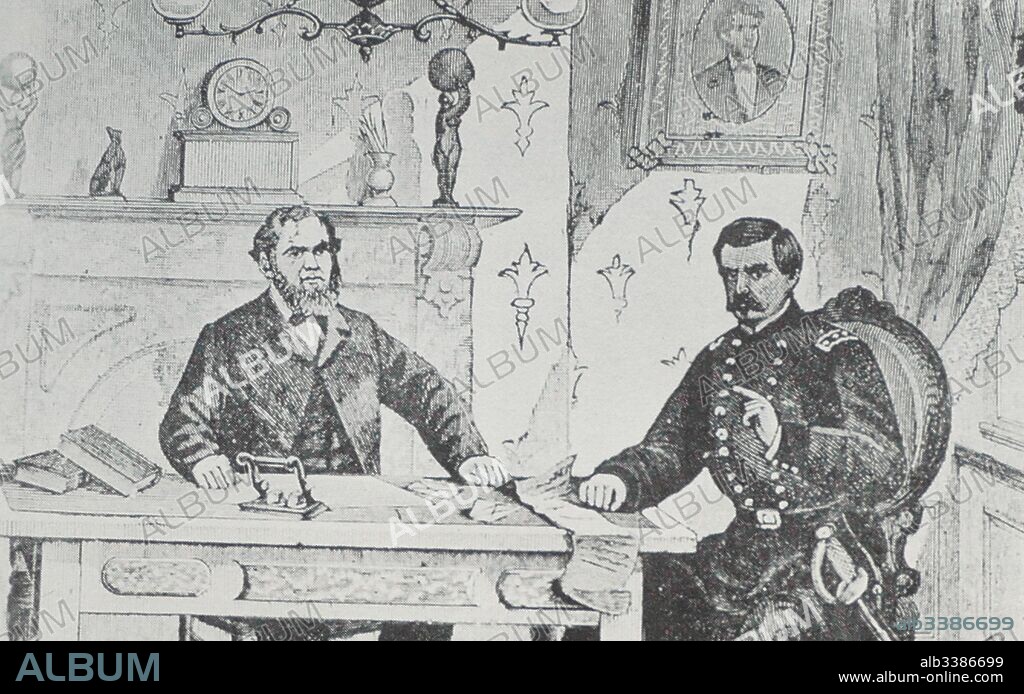 Portrait of Allan Pinkerton (1819-1884) a Scottish American detective, spy and creator of the Pinkerton National Detective Agency and George B. McClellan (1826-1885) an American soldier, civil engineer, railroad executive, and politician. Dated 19th Century.