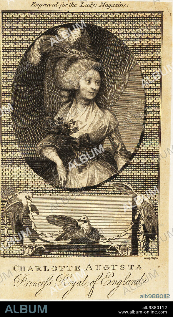 Oval portrait of Charlotte Augusta Matilda as Princess Royal of England, 1766-1828. Eldest daughter of mad king George III and Charlotte. Later Queen Charlotte of Württemberg. Bust with hair brushed up, plumed headdress, fichu, and low-cut gown with large garland of flowers. Copperplate engraving by Thomas Cook after a portrait in The Lady's Magazine, London, 1786.