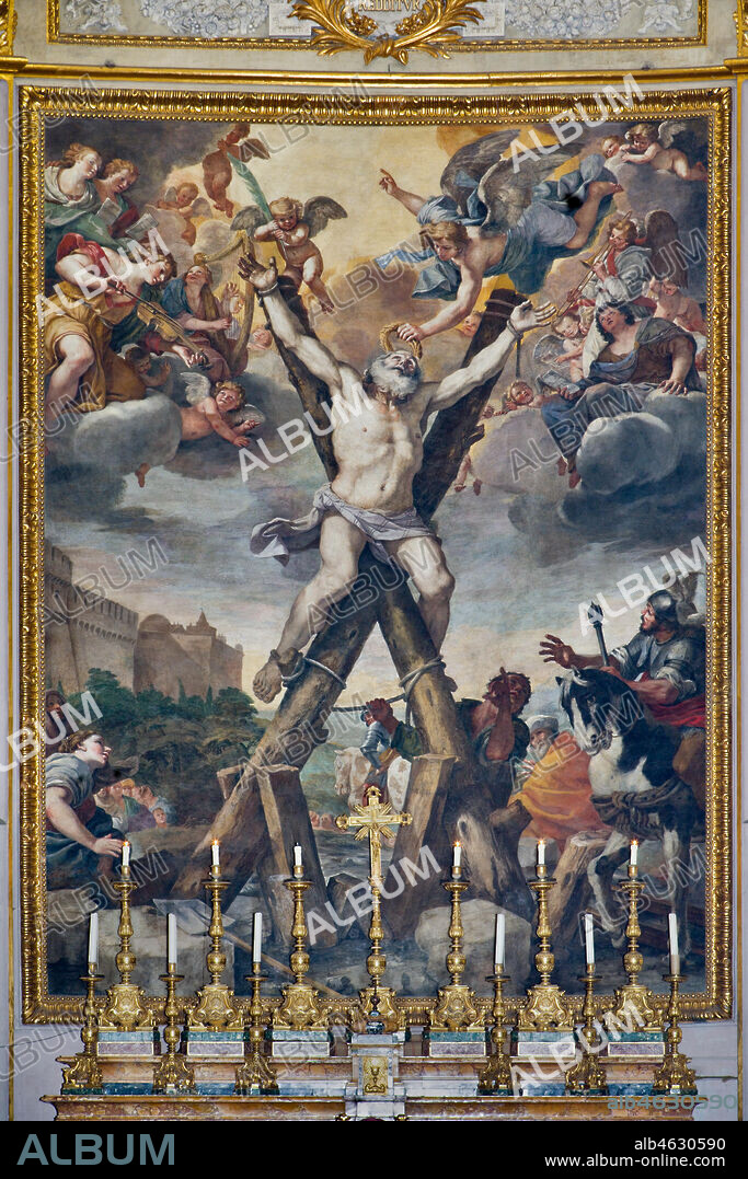 Basilica of St Andrew della Valle, walls of the choir: frescoes with episodes from the life of St. Andrew: "Crucifixion of the Saint". Fresco by Mattia Preti, 1650 - 51.