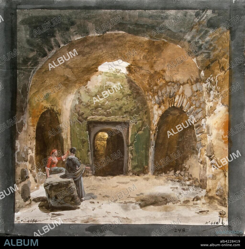 JEAN-PIERRE-LAURENT HOUEL. 'View of a Sepulchre in the Underground Grotto near the Church of S.Nicola on the Island of Lipari'. Series of Preparatory Drawings for the Engraved Edition "Picturesque Journey around the Islands of Sicily, Malta and Lipari" (Voyage pittoresque des isles de Sicilie, de Malte et de Lipari... Par Jean Houel, Peintre du Roi. Paris. 1782. V.1; 1784.V.II.1785.V.III.1787.V.IV. ). France, Between 1776 and 1779. Dimensions: 30x31 cm.