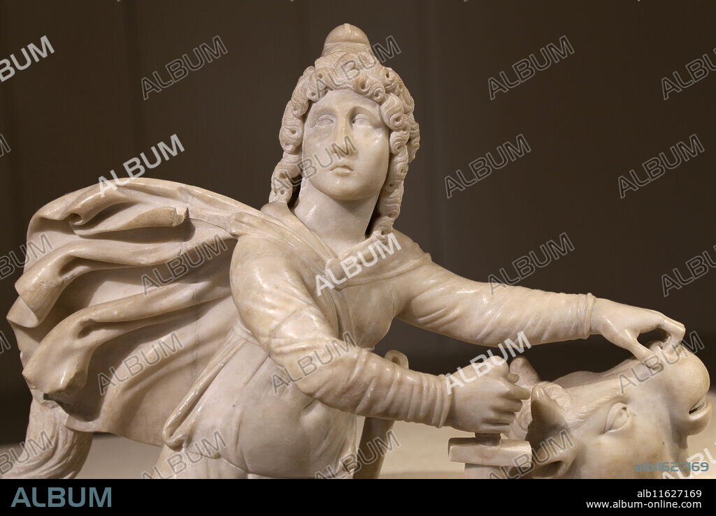 The Roman cult of Mithras. Tauroctony. Mithras killing the bull. Marble. Roman statue. Louvre Museum. Paris. France.