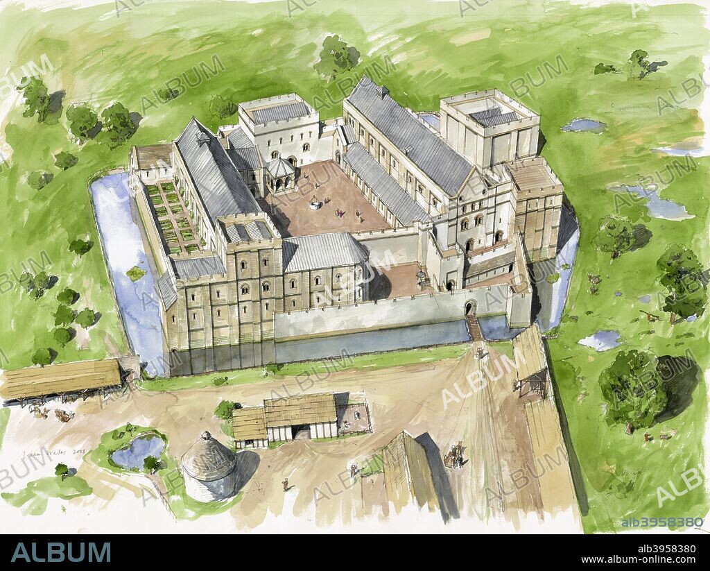 Aerial view from the south, Wolvesey Castle, Old Bishop's Palace, c1170, (c2000s). Reconstruction drawing of Wolvesey Castle, also known as the Old Bishop's Palace, Winchester, Hampshire. Erected by the Bishop of Winchester Henry of Blois, Stephen's brother, between 1130 and 1136, the castle was destroyed by Roundheads during the English Civil War in 1646.