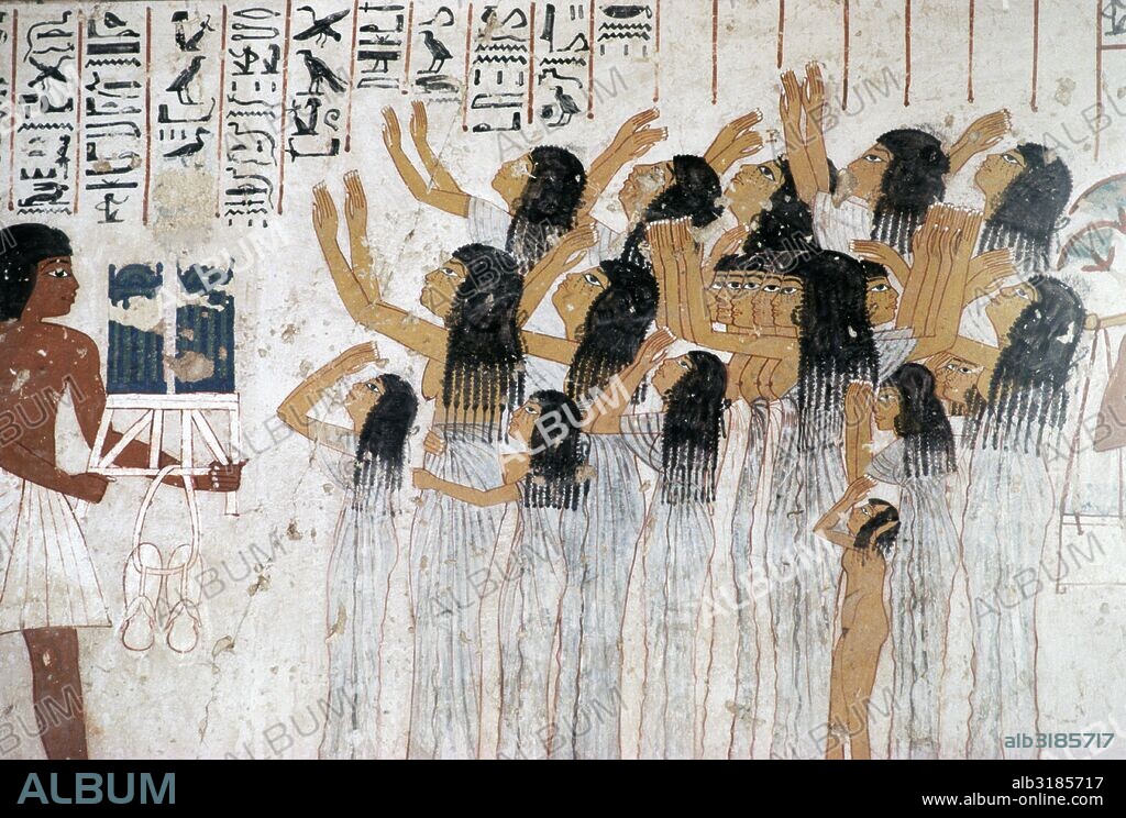 Weeping women in the funeral procession, fresco of the Tomb of Ramose, 1370 BC, Theban Necropolis (UNESCO World Heritage List, 1979), Egypt. Egyptian civilisation, Dynasty XVIII.