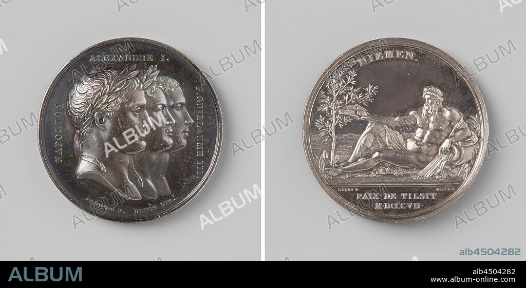 Peace of Tilsit, in honor of Napoleon I Bonaparte, Emperor of the French, Alexander I, Tsar of Russia, and Frederick William III, King of Prussia, Silver Medal. Front: chest pieces of three men, both of whom wear laurel wreaths at the front, a diadem inside the back of the jacket. Reverse: river god, leaning on water jug, holding small house, next to him a young olive tree within a circle, cut off: inscription, Neman, Sovtesk, Napoleon I Bonaparte (Emperor of the French), Alexander I (Tsar of Russia), Frederick William III King of Prussia, Bertrand Andrieu, Paris, 1807, silver (metal), striking (metalworking), d 4 cm × w 38.59 gr.