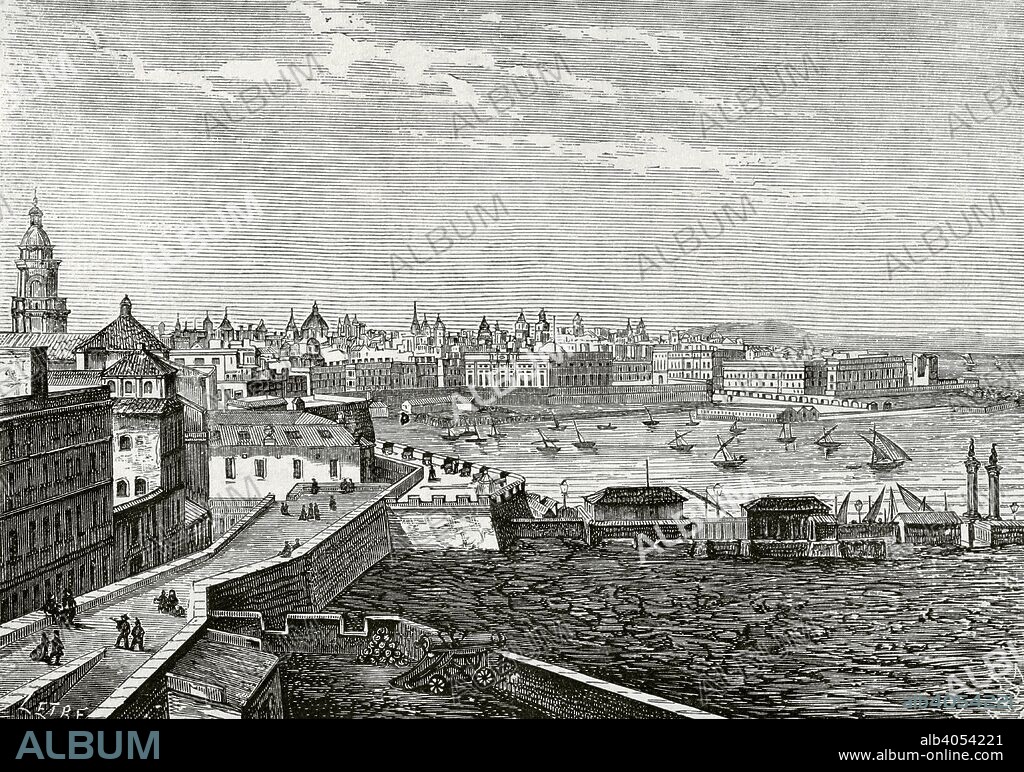 España. Andalucia. Cádiz. Vista general de la ciudad. Dibujo por Letre. Grabado por Capuz. Crónica General de España, Historia Ilustrada y Descriptiva de sus Provincias. Andalucía, 1867. Biblioteca Histórico Militar de Barcelona, Cataluña, España.