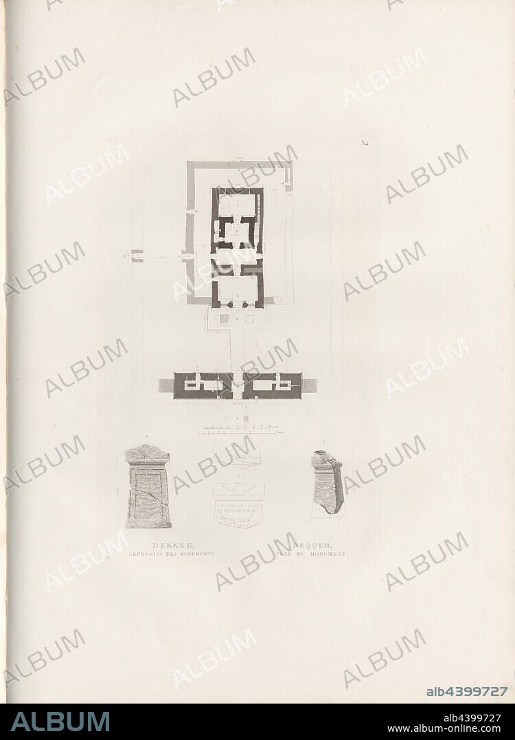 Dekkeh, floor plan of the monument, Egyptian Temple of ad-Dakka, Signed: GV, pl. 37, p. 78, Gau, Franz Christian (del.), Franz Christian Gau; Barthold Georg Niebuhr: Antiquités de la Nubie: ou monumens inédits des bords du Nil, situés entre la première et la seconde cataracte: ouvrage faisant suite au grand ouvrage de la Commission D'Egypte; dédié au Roi. Stuttgart: aux frais de la Librairie de J. G. Cotta; Paris: Imprimerie et Librairie de Firmin Didot, MDCCCXXII. [1822].