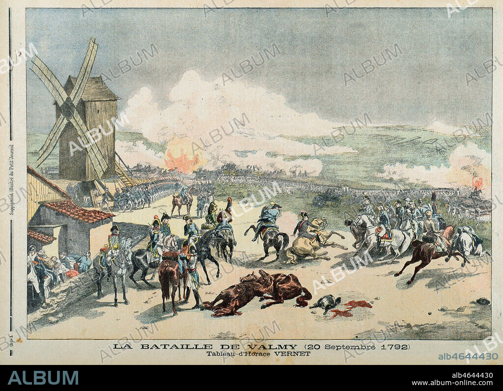 'La bataille de Valmy (20/09/1792) d'après le tableau d'Horace Vernet. Le 20 septembre 1792 est une date importante de l'histoire de France. Le tableau d'Horace Vernet glorifie la bataille de Valmy, victoire inattendue et fondatrice de la Republique. Ce jour-la, face a la meilleure armee du moment, celle du duc de Brunswick (Charles Guillaume Ferdinand (1735-1806)), les Francais remportent une victoire decisive, sous le commandement des generaux Dumouriez (dit Charles du Periez, 1739-1823) et Francois Christophe Kellermann, Duc de Valmy (1735-1820), et du duc de Chartres (Louis Phillippe, 1725-1785). Le lendemain, 21 septembre 1792, la Repubique est proclamee a Paris. Illustration de Petit Journal supplement illustre du 20/09/1903. Credit: Collection Kharbine-Tapabor.