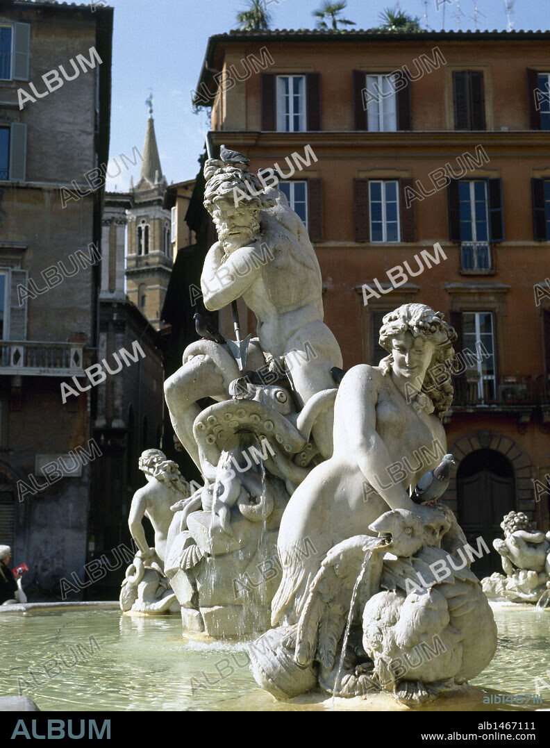 Neptune fighting an octopus, sculpted by Della Bitta in 1878, Fountain of Neptune. Piazza Navona. Rome. Italy.