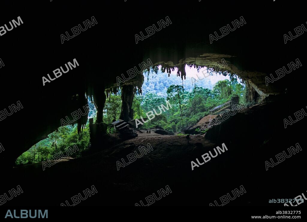 The main entrance (West Mouth) to Niah Great Cave, Niah National Park, Sarawak, Malaysian Borneo. The entrance is about 200m wide and 60m high.