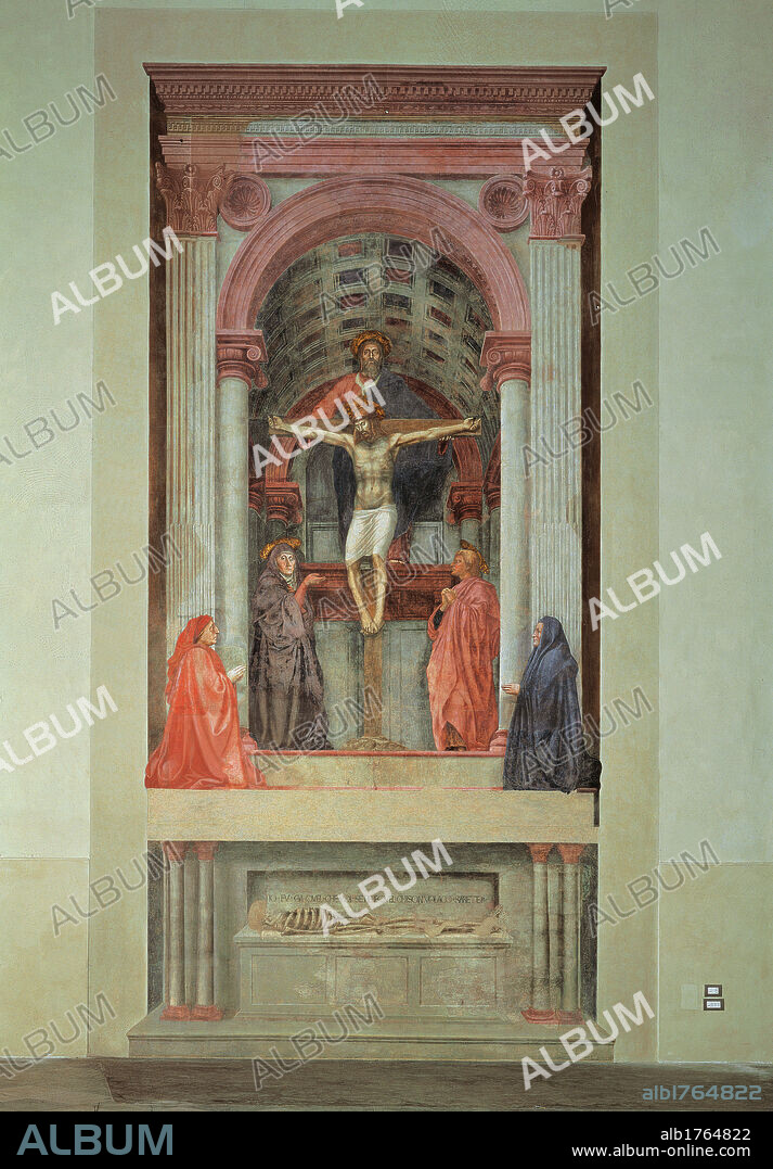 Trinity, by Tommaso di Ser Giovanni Cassai known as Masaccio, 1426-1428 about, 15th Century, fresco, cm 667 x 317. Italy, Tuscany, Florence, Santa Maria Novella Basilica. All. Depiction of a vaulted chapel with lacunars, strict perspective scheme also in the representation of human figures. Centrally The Father and, under him, Christ on the cross. The Virgin Mary on the left side. At the basement a sacellum with a skeleton.