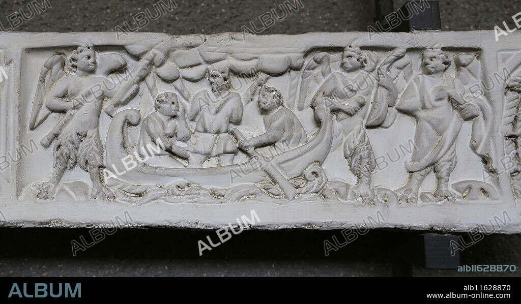 Roman sarcophagus. Fragments . Ulysses and the mermainds. 4th C. Original in the East Tricora of the Cementery of St. Calixtus. Plaster copy. Vatican Museum. Vatican City.