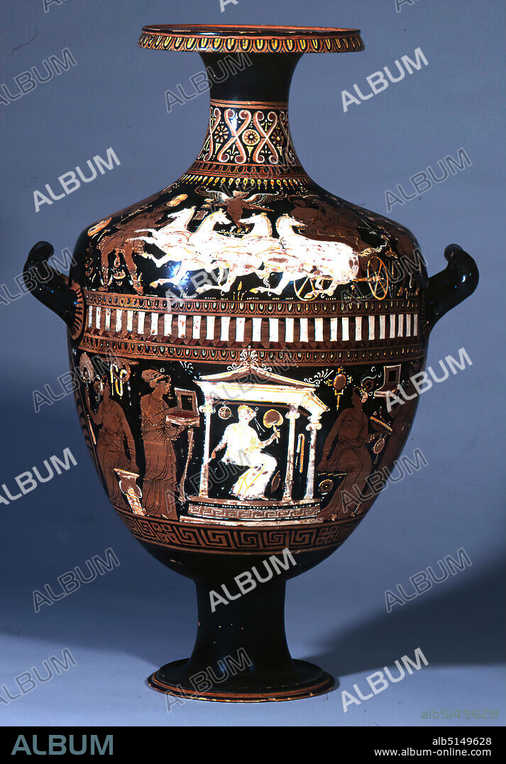 Painter of the White Caps, Hydria (shoulder: robbery of Persephone, body: Naiskos with young woman), property of the Hamburg Art Collections Foundation, clay, painted (ceramic), quickly turned, alternately fired, clay, turned and painted, Total: Height: 73.9 cm; Diameter: 40.5 cm; Muzzle diameter: 24.4 cm; Base diameter: 22.2 cm; Weight: 12.3 kg, ceramic, gods (classic. Mythology), funerary monument, Late Classical (Greek antiquity), Greek antiquity, The shape of the vessel with two horizontal and one vertical handle is called Hydria according to ancient sources. It is a transport and casting vessel for water. This monumental vase is potted without a bottom; it was therefore not intended for actual use, but served as a display object at the funeral and was given to the deceased to take with him to the grave. On the shoulder a four-man team pushing to the left is depicted. In the carriage there is a bearded man with a naked upper body and a woman in a richly decorated robe with crown and veil. While she holds on to the carriage with one hand and lifts her veil with the other, the man has his arms wrapped around the woman in a possessive manner. Above the carriage hovers an Eros with incense burner and bowl in her hands. On the left side of the carriage the god Hermes shows the way. He is recognizable by his travelling hat (Greek petasos) and herald's staff (Greek kerykeion) as well as his winged shoes. Behind the vehicle there is a female figure with a coat, trousers and a knee-length robe. She also has a hat and holds a torch in each hand. It is the goddess Hekate, who illuminated the way to the underworld for the deceased. The entire scene is flanked on the left and right by a female figure in a long robe and hood sitting on an overturned hydria. The scene shows the robbery of Persephone by Hades, the ruler of the underworld. He fell in love with the daughter of Zeus and abducted her on his four-in-hand carriage into the underworld, in order to marry her there and.
