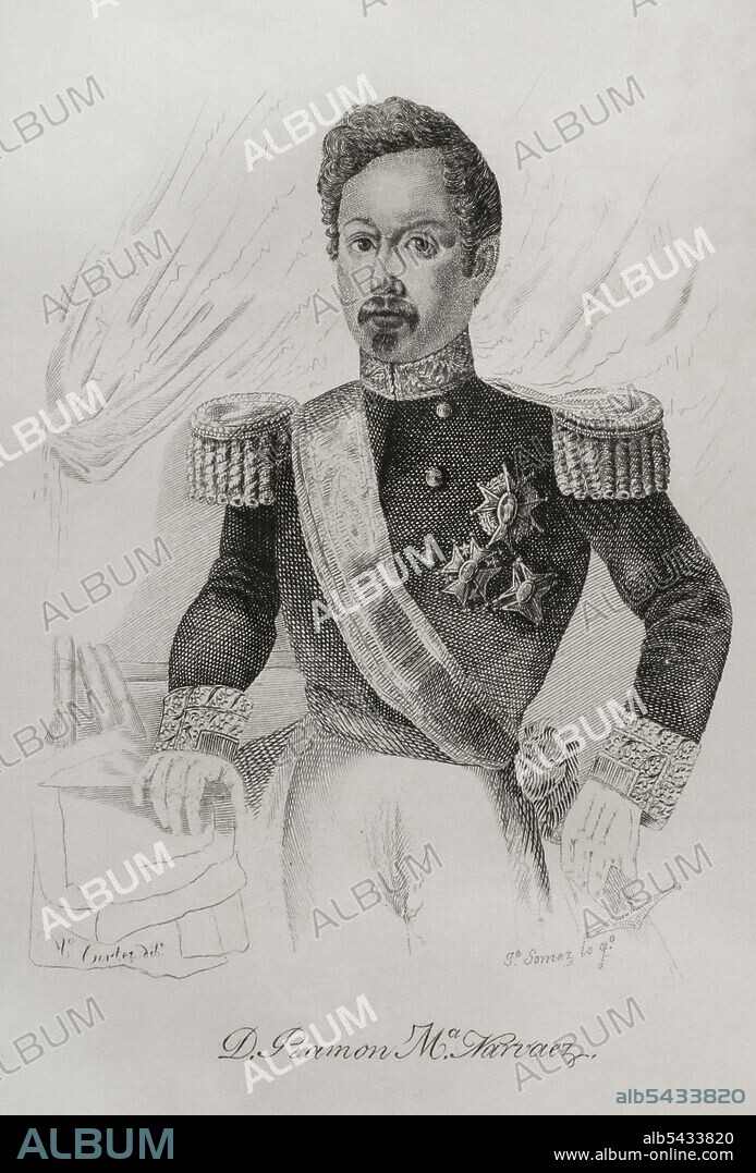 JOSÉ GÓMEZ. 19TH CENTURY-SPANISH ENGRAVER.. Ramón María Narváez (1799-1868). I duque de Valencia. Militar y político español. Líder del Partido Moderado durante el reinado de Isabel II. Presidente del Consejo de Ministros de España en siete ocasiones, entre los años 1844 y 1868. Retrato. Grabado de José Gómez. Panorama Español, Crónica Contemporánea. Tomo III. Madrid, 1845.