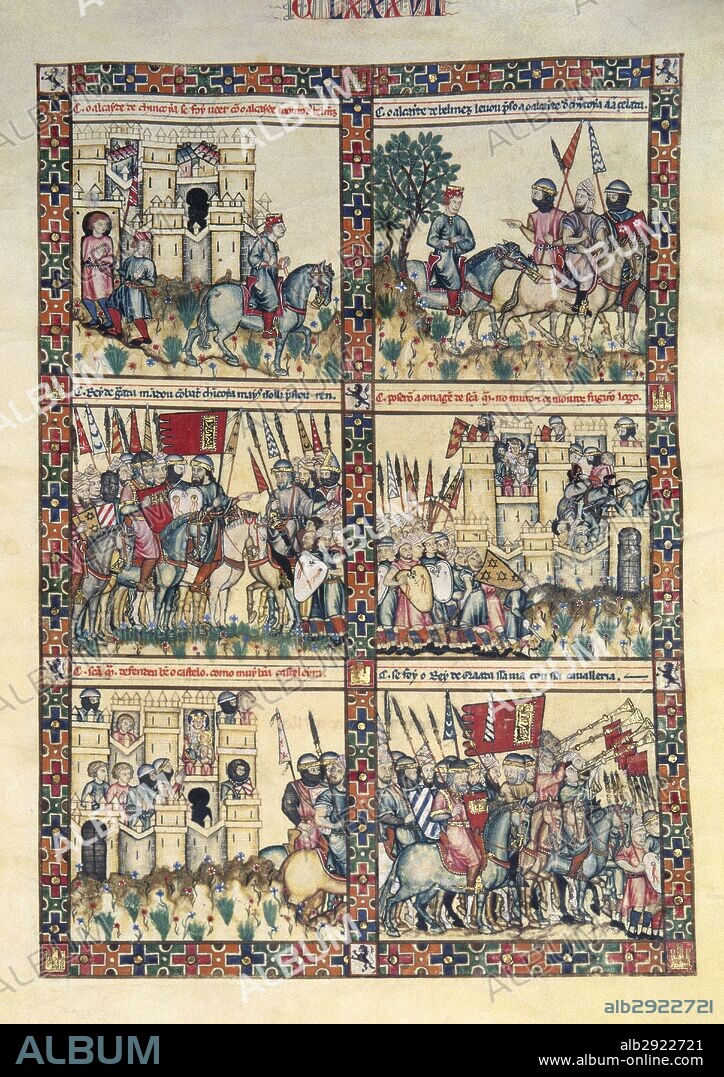 LITERATURA CASTELLANA. SIGLO XIII. CANTIGAS DE SANTA MARIA. Obra personal del rey ALFONSO X "EL SABIO" (Toledo,1221-Sevilla,1284). Colección de 430 poemas difundida en códices ilustrados con miniaturas y donde se consigna la melodía de cada composición. Cántiga 187. Biblioteca de El Escorial. Comunidad de Madrid. España. PATRIMONIO NACIONAL. Cantiga 187. F247r, Ayuda de la Virgen En Defensa del Castillo de Chincoya.