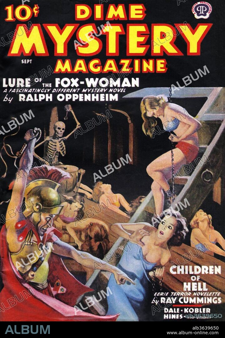 Cover to Dime Mystery Magazine from September 1938 showing women being whipped as they are chained and pulling oars in the belly of a ship. A skeleton beats a drum to keep rhythm. Art by Monroe Eisenberg (1914-1999), Monroe Eisenberg, 1938.