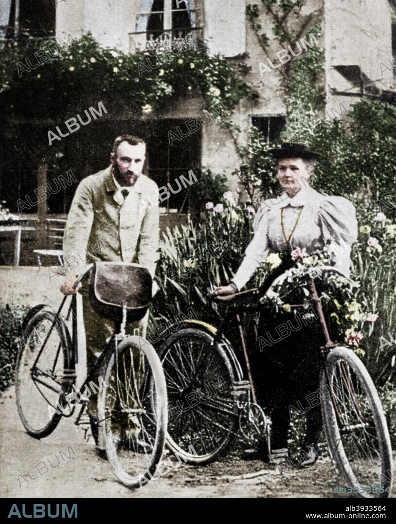 Pierre and Marie Curie, French physicists, preparing to go cycling. Polish-born Marie Curie and her husband Pierre continued the work on radioactivity started by Henri Becquerel. In 1898, they discovered two new elements, polonium and radium. Marie did most of the work of producing these elements, and to this day her notebooks are still too radioactive to use. She went on to become the first woman to be awarded a doctorate in France, and continued her work after Pierre's death in 1906. In 1903 they shared the Nobel Prize for Physics with Becquerel. Marie won a second Nobel Prize, for chemistry, in 1911. (Colorised black and white print).