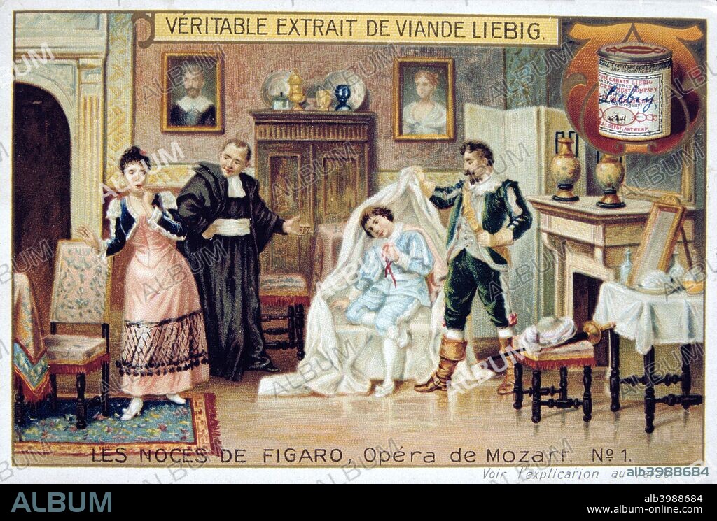 Scene from Mozart's opera The Marriage of Figaro, 1786 (1905). The Marriage of Figaro (Le Nozze di Figaro), comic opera (opera buffa) with libretto by Lorenzo da Ponte (1749-1838) after Beaumarchais, first performed on l May 1786 at the Burgtheater, Vienna. Count Almaviva uncovering the page Cherubino in his hiding place, an armchair. The other figures are Susanna, maid to Countess Almaviva, and Don Basilio, a music master. From Les Noces de Figaro, one of set of trade cards issued by Liebig & Co, 1905.