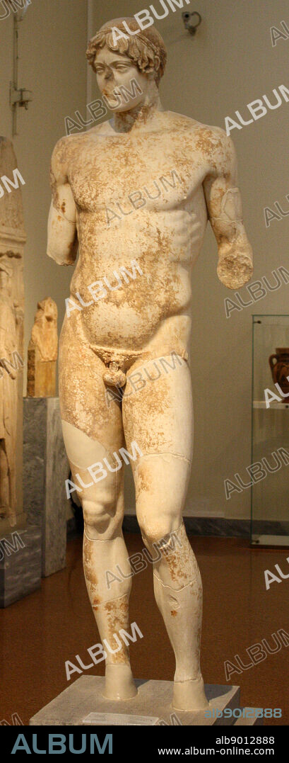 Statue of Apollo, done in Pentelic marble. Found at the Theatre of Dionysus, Athens. Known as the 'Omphalos Apollo'. Work of the 2nd century AD copying a bronze original sculpted in 460-450BC by a sculptor of the Severe Style, possibly Kalamis.