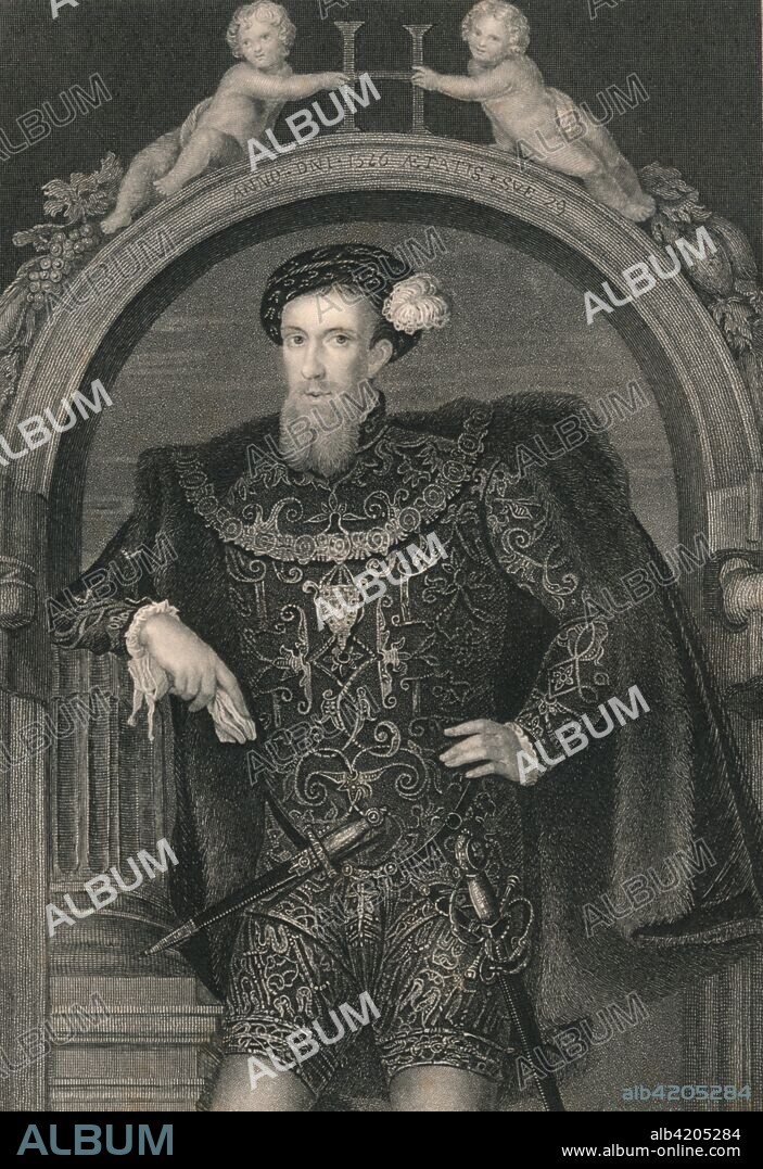 'Henry Howard, Earl of Surrey', c1546, (early-mid 19th century). Portrait of Howard (1517-1547), an English aristocrat and poet, who was executed for treason by King Henry VIII in 1547. Howard was also a first cousin of both Queen Anne Boleyn and Queen Catherine Howard. He is shown here aged 29, about a year before he died. 'From the original, in the collection of His Grace, The Duke of Norfolk'. [The London Printing and Publishing Company, London].