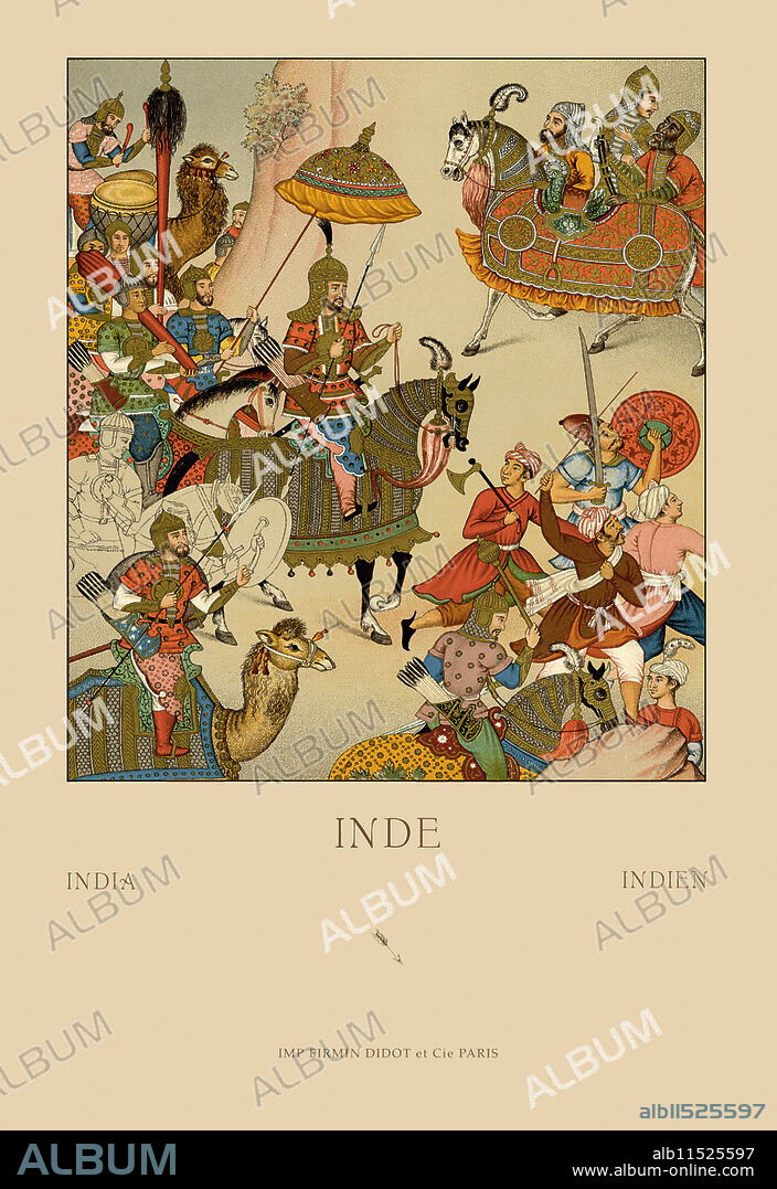 Plate from "Le costume historique" by Albert Charles Auguste Racinet (1825-1893) published in 1888.  Racinet was a French painter, historian, illustrator and author.