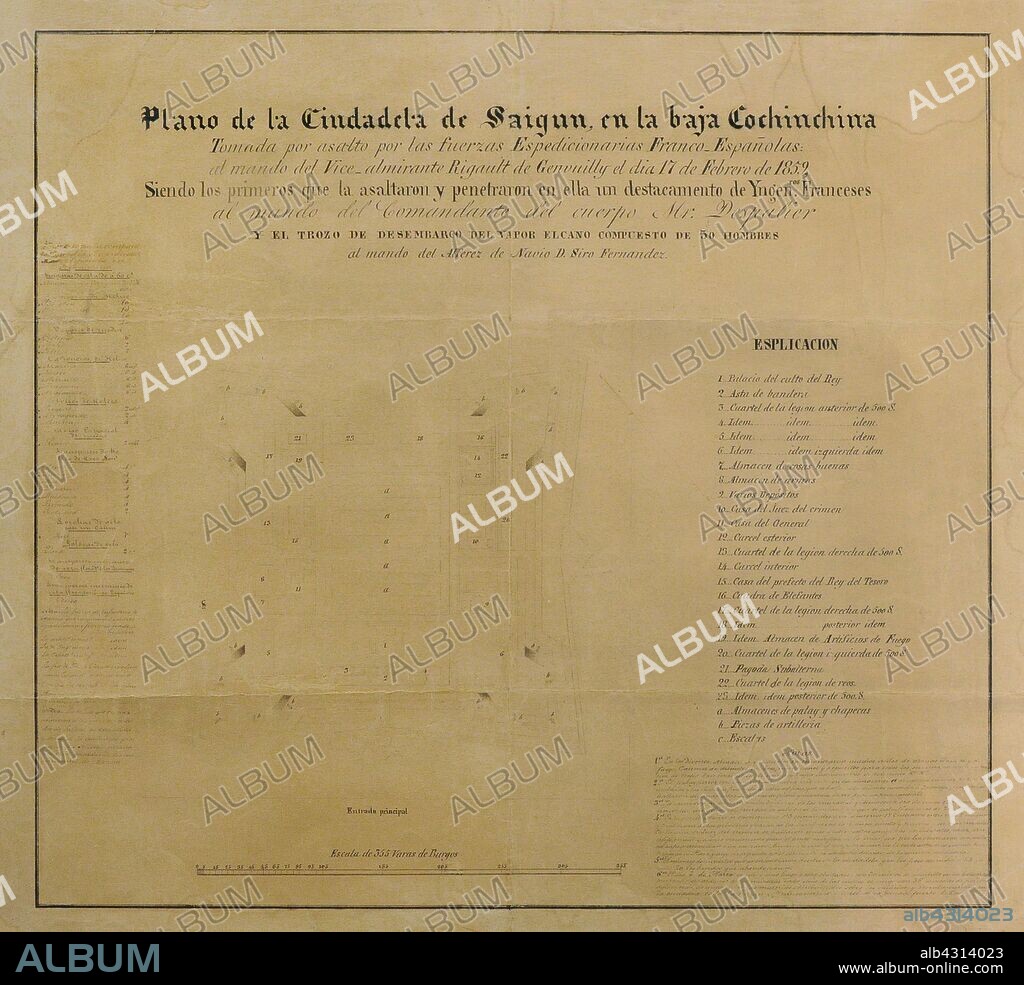 Mapa de la Fortaleza de Saigón. Dibujado por el alférez de navío Siro Fernández,1859. Se especifica el uso de cada uno de los edificios de la fortaleza y las fuerzas francesas, españolas y filipinas participantes en la campaña para la defensa de los católicos del país. Con una C en el mapa se indica el lugar por donde Siro Fernández asaltó la fortaleza el 17 de febrero de 1859. Museo Naval. Madrid. España.