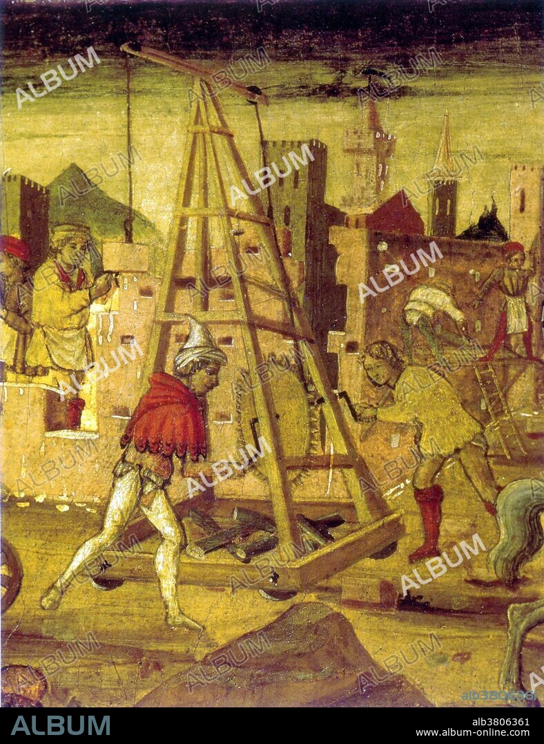 Detail from unidentified 15th century painting. A treadwheel crane (magna rola) is a wooden, human powered, hoisting and lowering device. It was primarily used during Roman times and the Middle Ages in the building of castles and cathedrals. The often heavy charge is lifted as the individual inside the treadwheel crane walks. The rope attached to a pulley is turned onto a spindle by the rotation of the wheel thus allowing the device to hoist or lower the affixed pallet. The medieval treadwheel was a large wooden wheel turning around a central shaft with a treadway wide enough for two workers walking side by side.