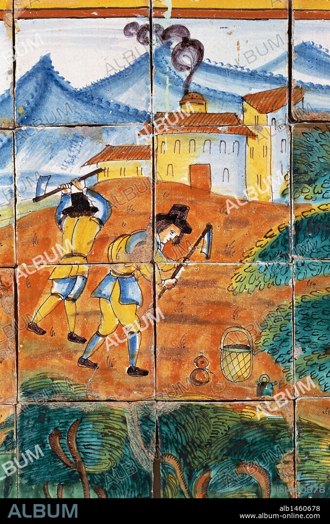Farmers. Life of St. Isidore the Laborer and his wife Santa Mari´a de la Cabeza. Composition of the 17th century tiles that adorned a chapel in the village church of Saint Antoninus. County Museum of Cervera. Province of Lleida. Catalonia. Spain.