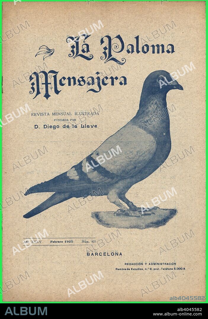 Portada de la revista colombófila La Paloma Mensajera, editada en Barcelona, febrero de 1925.