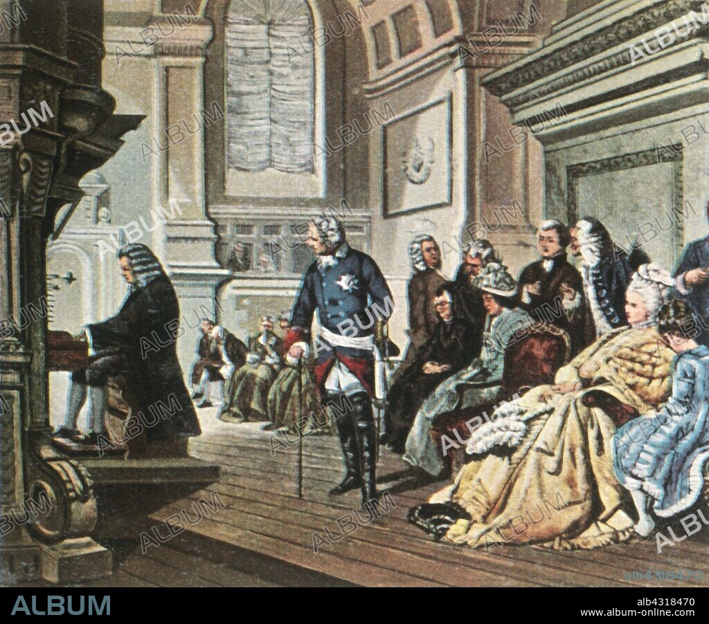Bach visits Frederick the Great, 1747, (1936). 'Besuch Bachs Bei Friedrich Dem Grossen'. German composer Johann Sebastian Bach (1685-1750) plays the organ for King Frederick the Great of Prussia (1712-1786) at Potsdam. From "Bilder Deutscher Geschichte", (Pictures of German History), No.12, cigarette card album. [Cigaretten-Bilderdienst, Altona-Bahrenfeld, Hamburg, Germany, 1936].