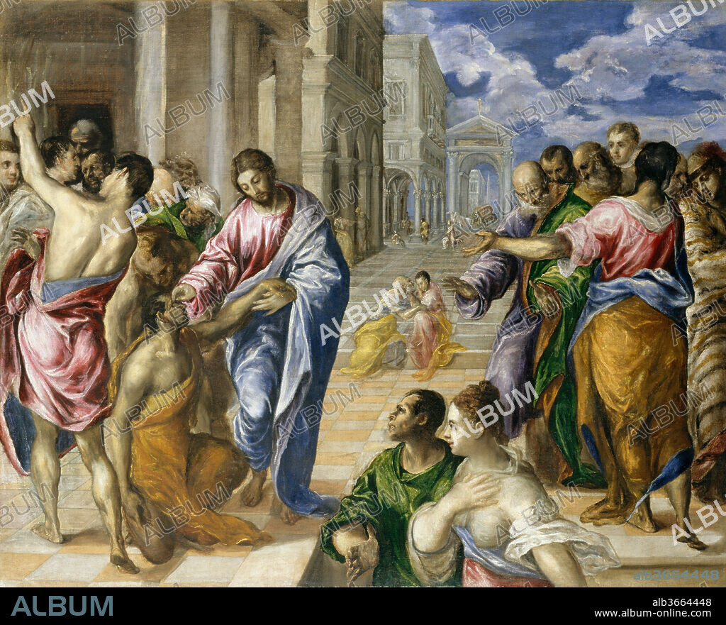 Christ Healing the Blind. Artist: El Greco (Domenikos Theotokopoulos) (Greek, Iráklion (Candia) 1540/41-1614 Toledo). Dimensions: 47 x 57 1/2 in. (119.4 x 146.1 cm). Date: ca. 1570.
El Greco painted this masterpiece of dramatic storytelling either in Venice or in Rome, where he worked after leaving Crete in 1567 and before moving to Spain in 1576. It illustrates the Gospel account of Christ healing a blind man by anointing his eyes. The two figures in the foreground may be the blind man's parents. The upper left portion of the composition is unfinished. El Greco painted two other versions of the subject, and seems to have taken this one with him to Spain.