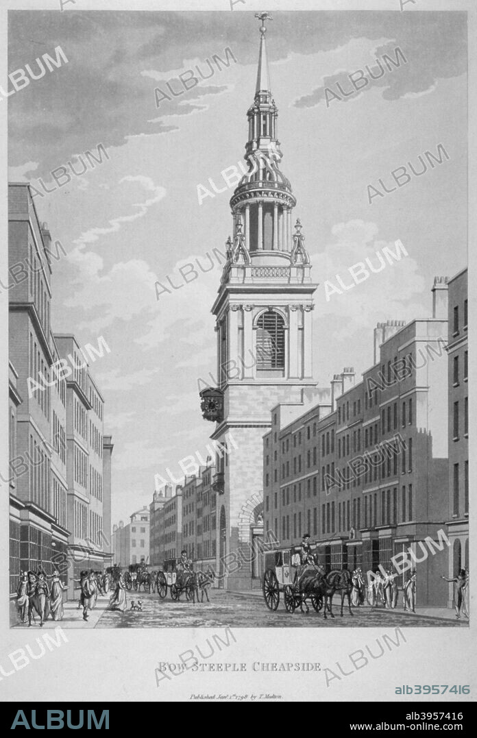 Church of St Mary-le-Bow, Cheapside, City of London, 1798. View of St Mary-le-Bow looking east along Cheapside with a street scene and horse-drawn carriages.