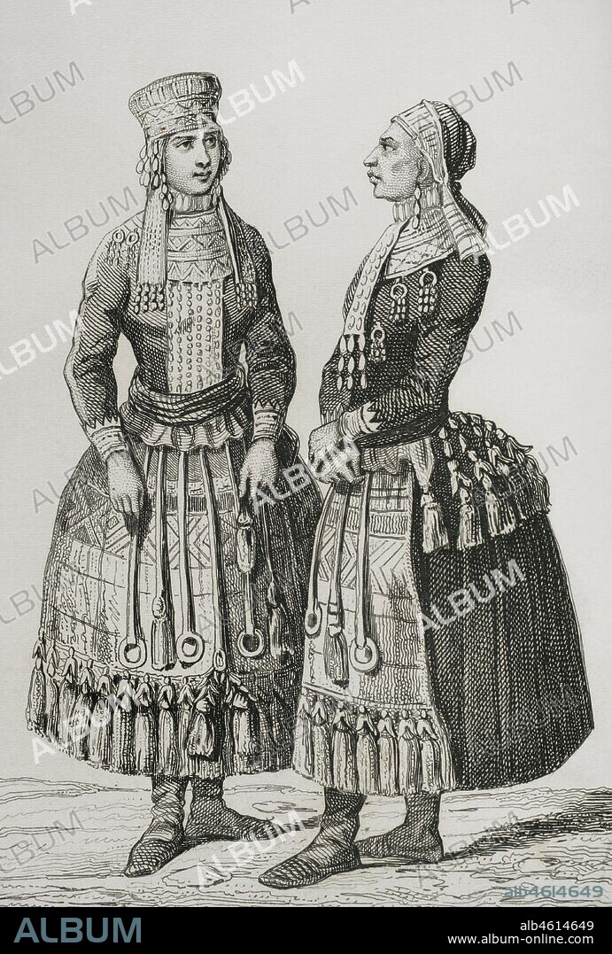 The Mordvins or Mordva. Indigenous people of Russia of the Moksha and Erzya ethnic group. Mordvin women wearing traditional costumes. Engraving by Lemaitre, Vernier and Chaillot. History of Russia by Jean Marie Chopin (1796-1870). Panorama Universal, Spanish edition, 1839.
