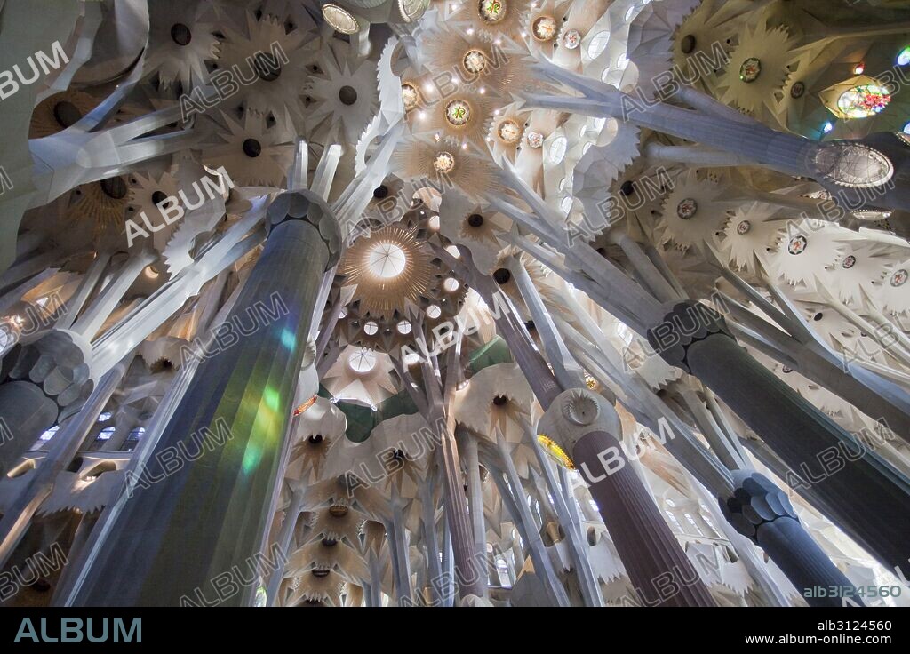 Barcelona, Catalonia, Spain. Basilica of the Sagrada Familia, by Antonio Gaudi (1852-1926). Interior. Central nave. Forms and geometries inspired by nature. Modernist style.