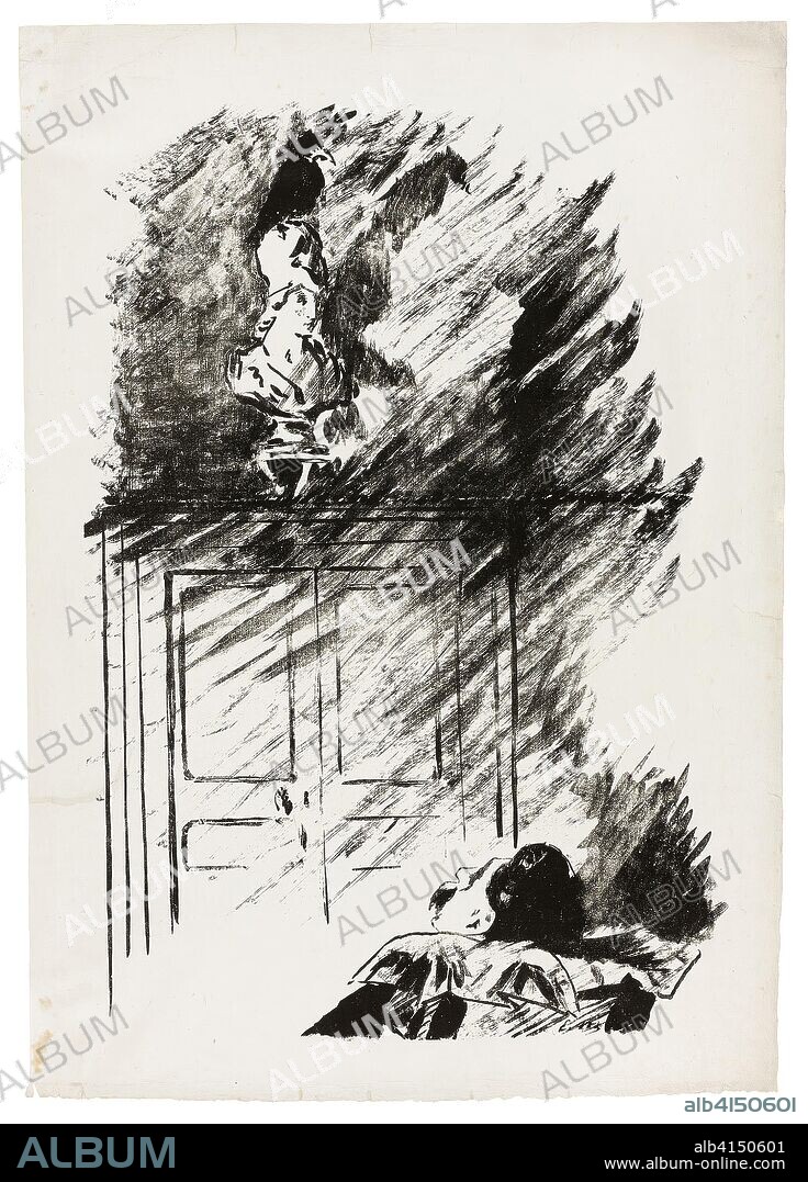 EDOUARD MANET. The Raven on the Bust of Pallas ("Perched upon a bust of Pallas..."), from The Raven (Le Corbeau). Édouard Manet (French, 1832-1883); written by Edgar Allan Poe (American, 1809-1849); translated and produced by Stéphane Mallarmé (French, 1842-1898); printed by Lefman et Cie. (French, 19th century); published by Richard Lesclide (French, 1825-1892). Date: 1875. Dimensions: 482 × 320 mm (image); 551 × 394 mm (sheet). Transfer lithograph in black on gray China paper. Origin: France.
