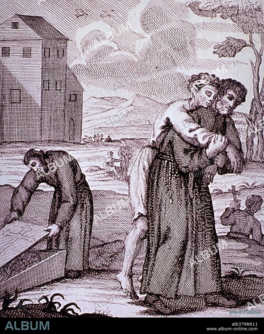 Entitled: "P.D. Jacobus Del Verme C.R." Plague broadsides: Engravings attached to memorials for priests who died tending plague victims throughout Italy. Shows a priest carrying a body of a man over his shoulders, and another priest placing the lid on a coffin. The Italian Plague of 1629-31 was a series of outbreaks of bubonic plague which occurred from 1629 through 1631 in northern Italy. This epidemic, often referred to as Great Plague of Milan, claimed the lives of approximately 280,000 people, with the cities of the Lombardy and Veneto regions experiencing particularly high death rates. This episode is considered one of the last outbreaks of the centuries-long pandemic of bubonic plague which began with the Black Death.
