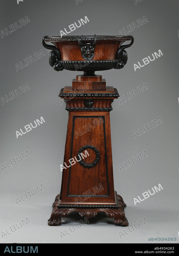 Wine cistern (urn and pedestal) (one of a pair), British, ca. 182030, British, Mahogany, bronze, .1a: H. 16-1/2 in. (41.9 cm); Diam. 29-1/2 in. (74.9 cm), .1b: H. 41-3/4 in. (106 cm); Diam. 25-1/2 in. (64.8 cm), Woodwork-Furniture.