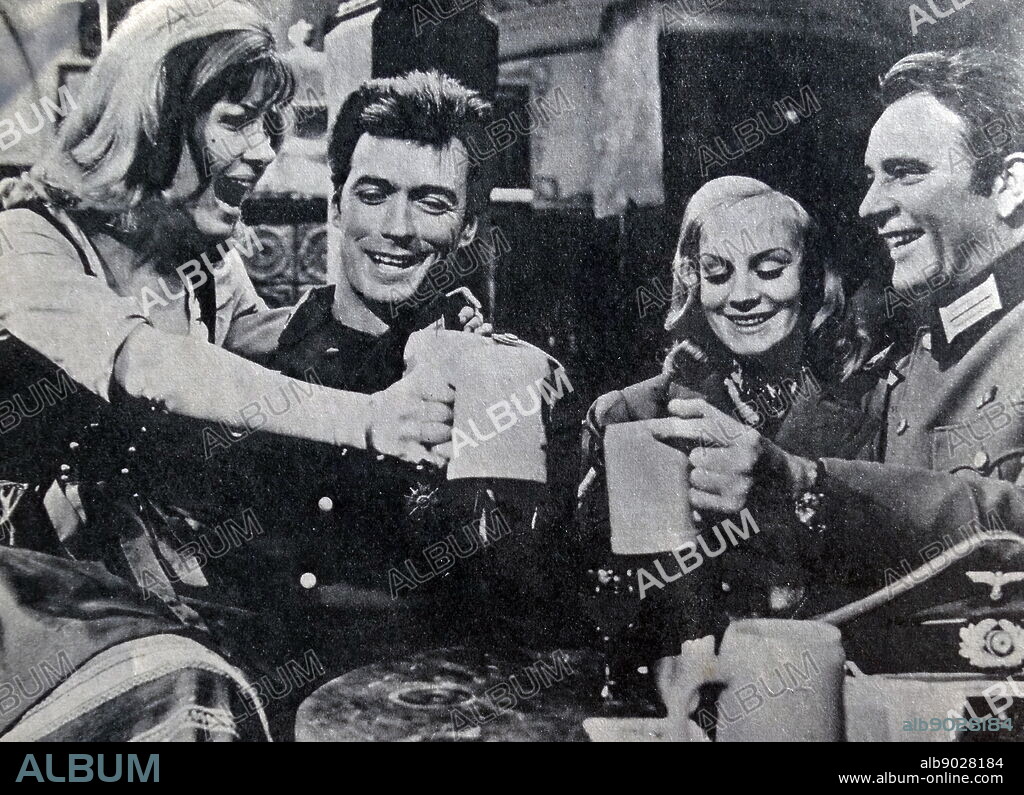 Film still of Ingrid Pitt (1937-2010), Clint Eastwood (1930-), Mary Ure (1933-1975) and Richard Burton (1925-1984) from 'Where Eagles Dare'.