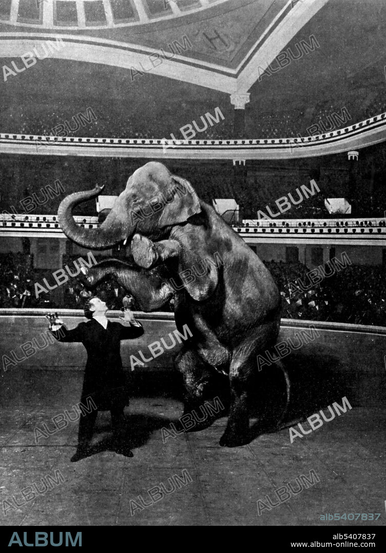 Houdini's vanishing elephant. Harry Houdini (1874 - 1926) was a Hungarian-American illusionist and stunt performer, noted for his sensational escape acts. His repertoire included chains, ropes slung from skyscrapers, straitjackets under water, holding his breath inside a sealed milk can, and being buried alive. Society of American Magicians, 1918 (cropped and cleaned).