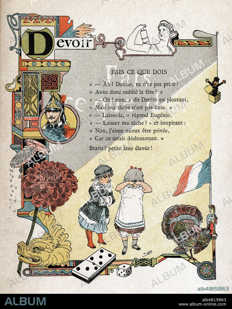 Devoir. (Diane, jeu de des, drapeau, dragon, dindon, dragee, dalia), Illustration de 1885 par Henri GRAY (1858-1924) pour Alphabet des bons enfants par Mme P. BOULANGER (1813-1891). Credit : Collection Kharbine-Tapabor.