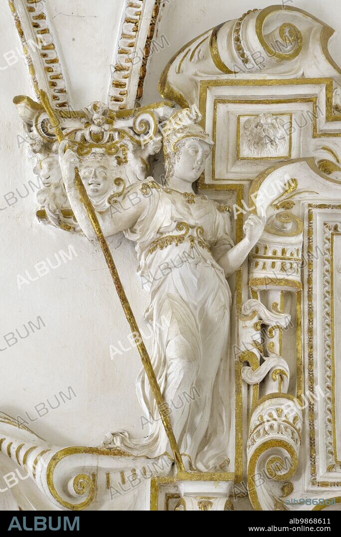 Piobbico (Italy, Marche - province of Pesaro-Urbino), Brancaleoni Castle, noble apartment, Sala del Leon d'Oro. Fireplace with decorations by Federico Brandani (16th century).