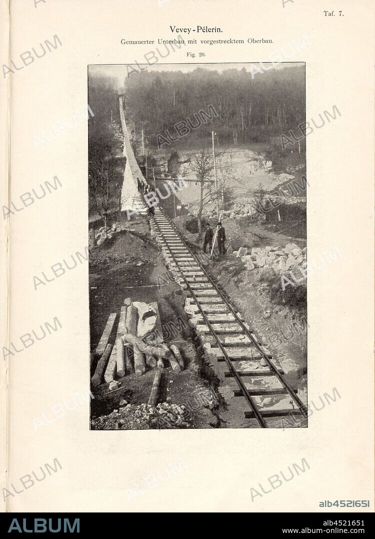 Funicular Vevey - Pélerin, Fig. 20: Masonry substructure with pre-stretched superstructure, signed: M. R. Co, Fig. 30, Plate 7, after p. 71, E. Strub: Bergbahnen der Schweiz bis 1900. Bd. 1. Wiesbaden: Verlag von J F. Bergmann, 1900.