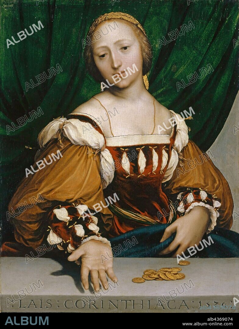 Laïs Corinthiaca, 1526, mixed technique on lime wood, 35.6 x 26.7 cm, Dated and titled on the stone parapet in front:: LAÏS: CORINTHIACA: 1526:, Hans Holbein d. J., Augsburg um 1497/98–1543 London.